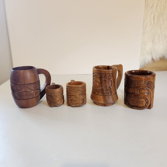 Tiki Bar Barware Cups Mugs Carved Wood Mug Lot Hawaii 1960s 60s Decor - Picture 1 of 11